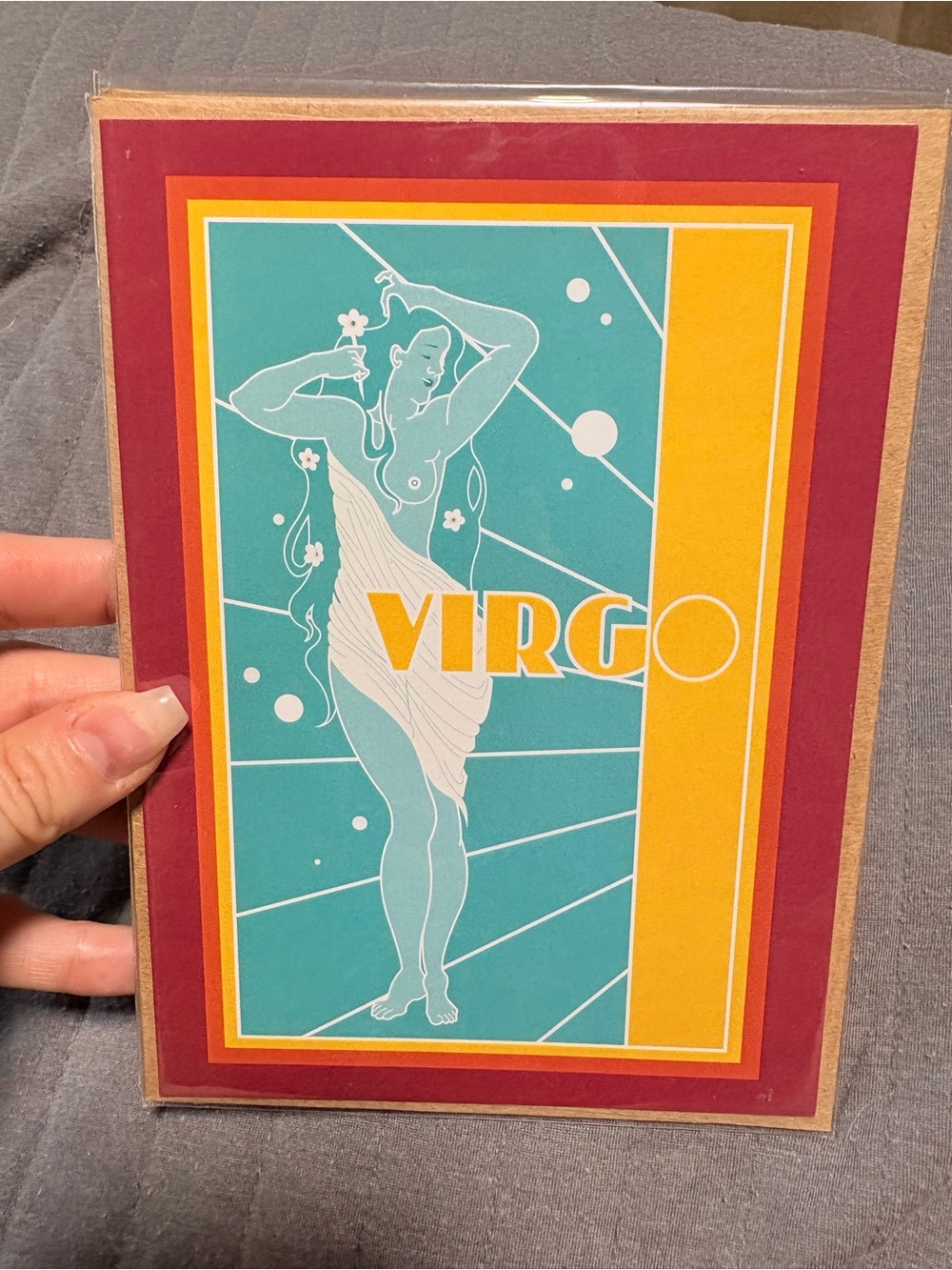Virgo Zodiac Art Print Card — Teal, Mustard & Maroon